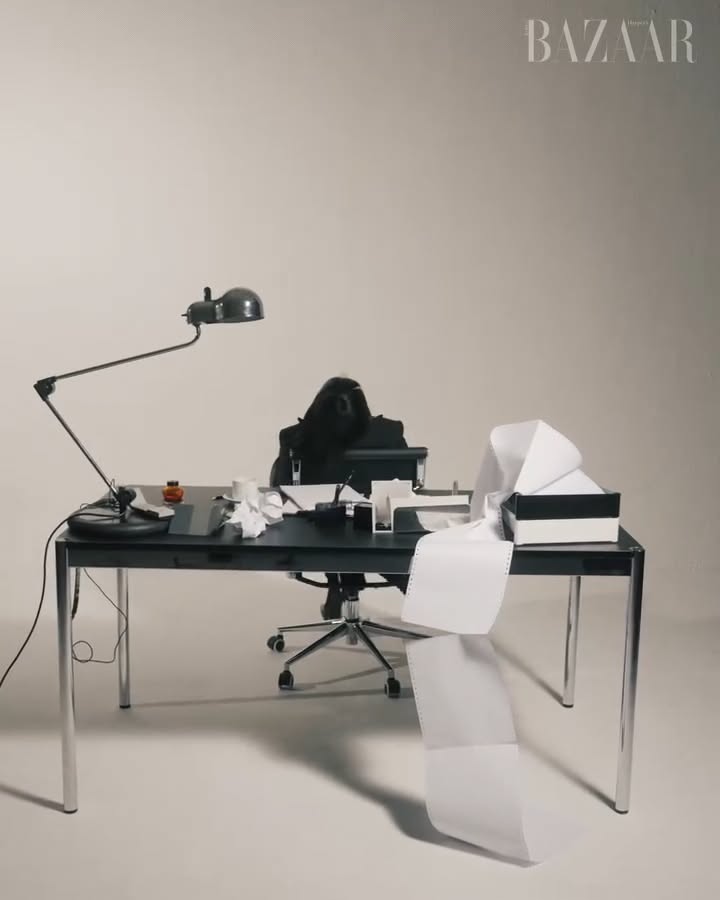 Fashion-editorial portrait in an office setting